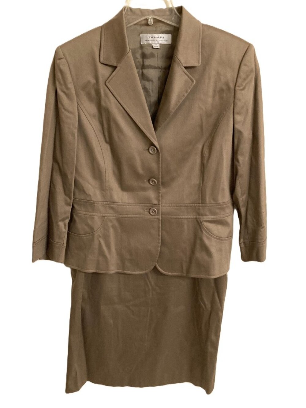 TAHARI ASL Women's Taupe Skirt Suit 2-Piece Set Cotton Stretch Size 12